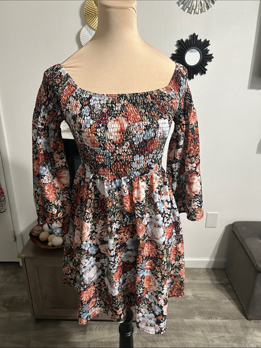 Smocked Floral Off-Shoulder Dress in Coral, Black & White